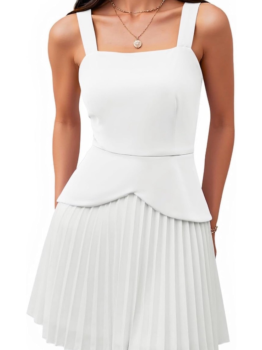 White Square Neck Pleated Skirt Dress